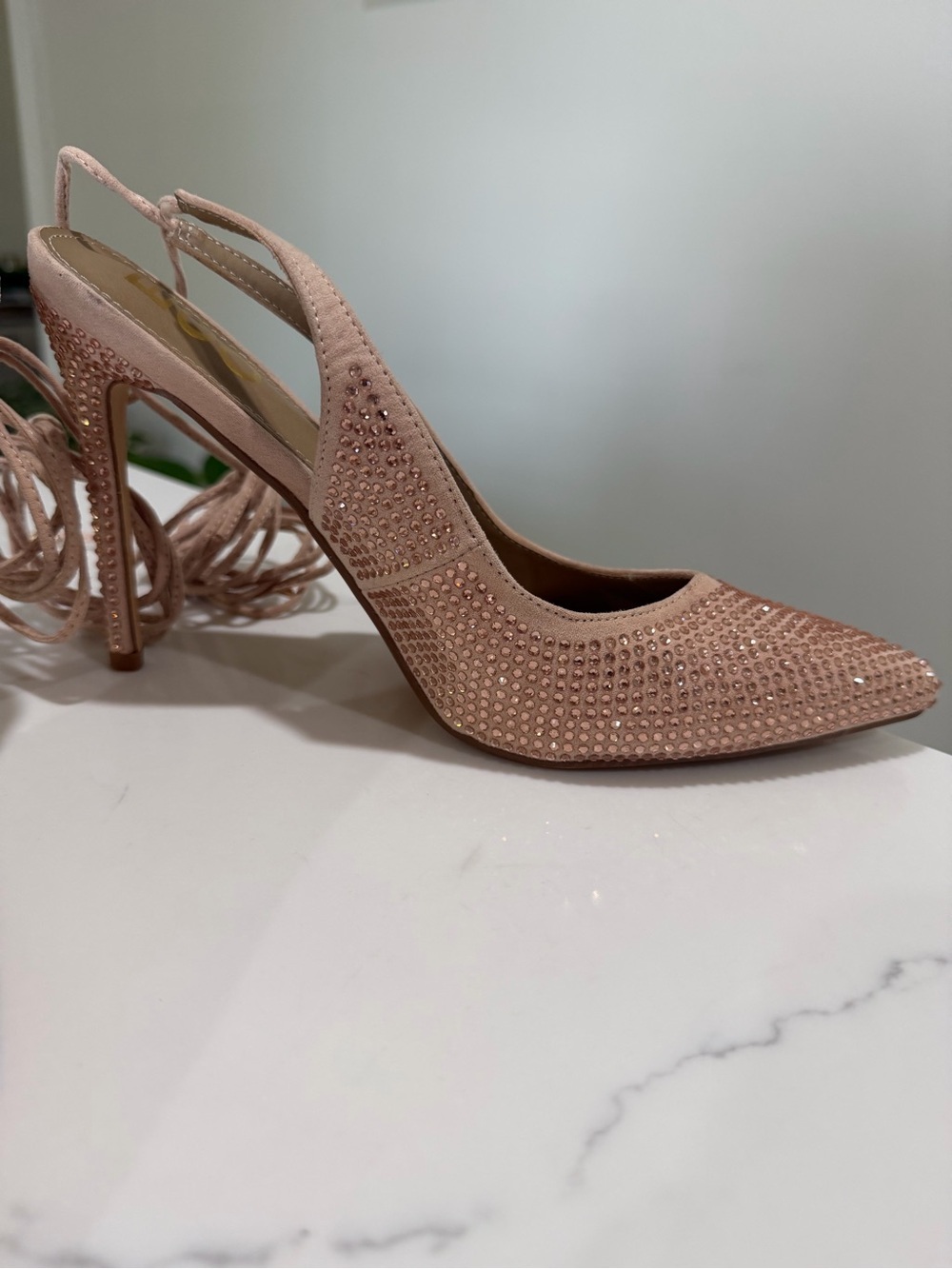 EGO Nude Rhinestone Pointed Toe Ankle-Tie Stiletto Heels